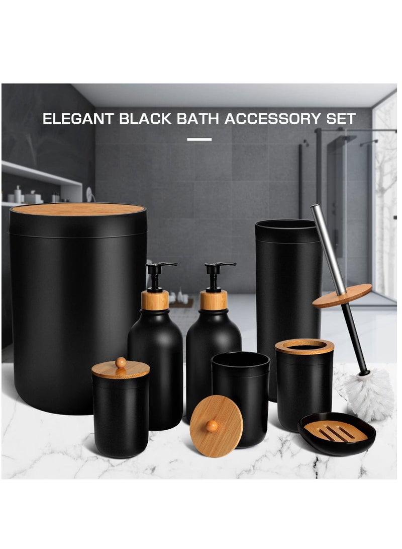 Black Bathroom Accessory Set 8 Piece Set, Includes Wastebasket, Soap Dispenser & Toothbrush Holder Set, Soap Dish, Cotton Ball & Cotton Swab Holder, Toilet Brush & Brush Holder