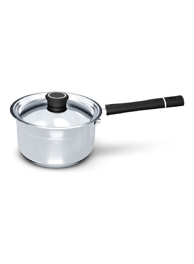 Stainless Steel Milk Pan 16cm (DMP 16B), Heat Resistant Handle & Knob, Premium Lid, Easy To Pour Flared Rim, Heavy Base Sandwich Bottom, 304 Grade, Sleek Exterior, Oven Safe, Non-Stick Interior Silver/Black 16cm