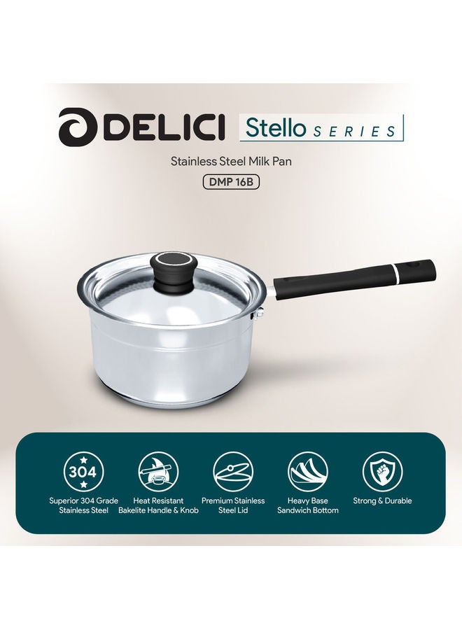 Stainless Steel Milk Pan 16cm (DMP 16B), Heat Resistant Handle & Knob, Premium Lid, Easy To Pour Flared Rim, Heavy Base Sandwich Bottom, 304 Grade, Sleek Exterior, Oven Safe, Non-Stick Interior Silver/Black 16cm