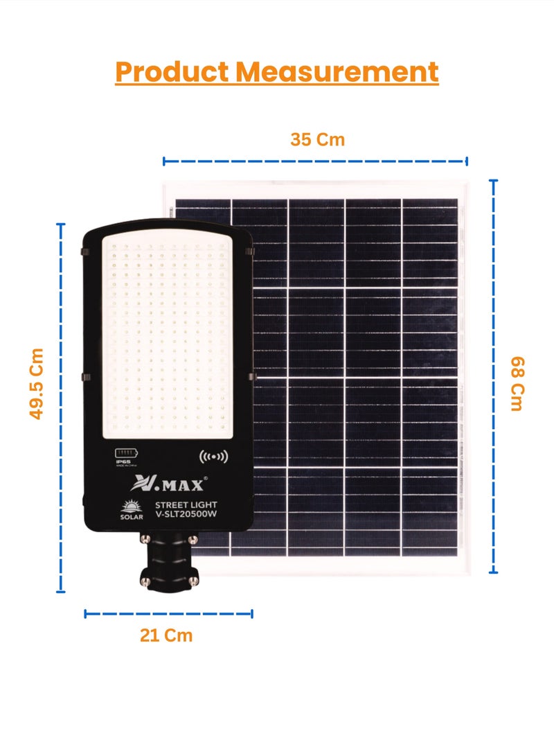 Solar LED Street Light 500W Outdoor | Remote Control | Wide Angle Motion Sensor | 6500K Bright White Dusk to Dawn Illumination | 50000MAh Battery | IP65 Waterproof | 2300 LM | Commercial, Parking Lot