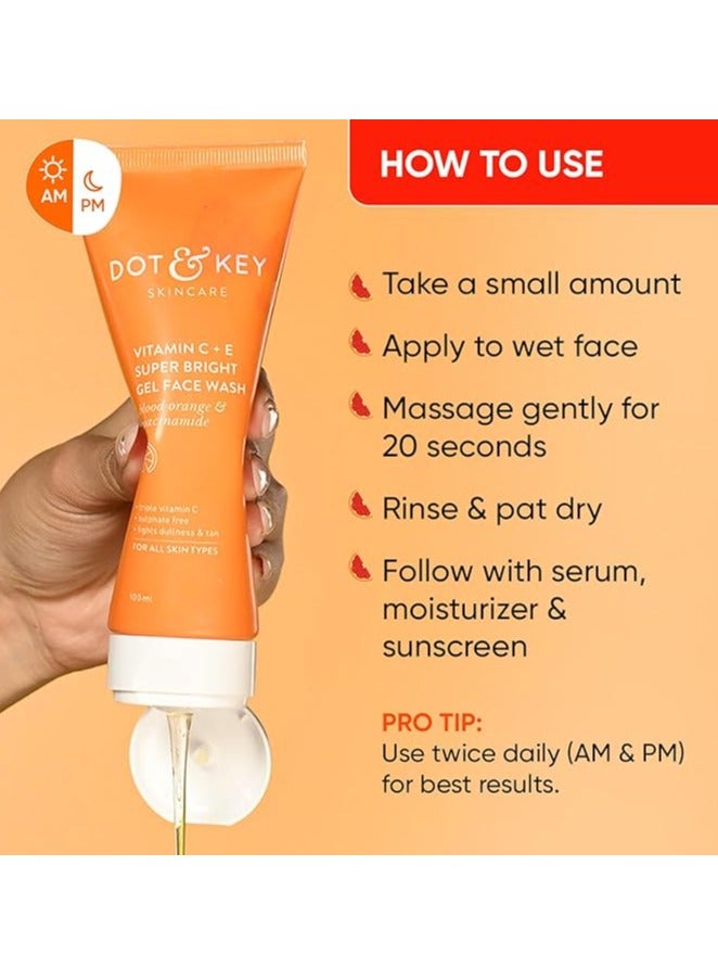 DOT & KEY Vitamin C + E Super Bright Gel Face Wash For Glowing And Brightening Skin | All Skin Types|With Triple Vitamin C| Face Wash For Women & Men|100 Ml