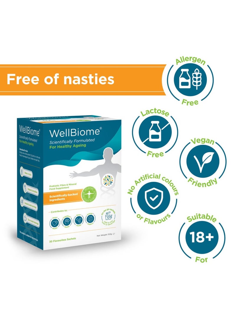WellBiome For Healthy Ageing Prebiotic Fibre Complex Supports Gut Health & Growth of Healthy Bacteria, Vegan 30 Unflavored Sachets