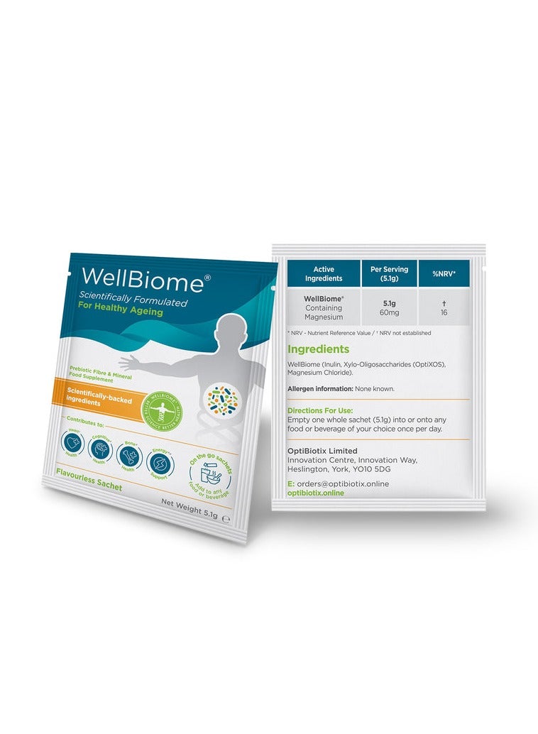WellBiome For Healthy Ageing Prebiotic Fibre Complex Supports Gut Health & Growth of Healthy Bacteria, Vegan 30 Unflavored Sachets