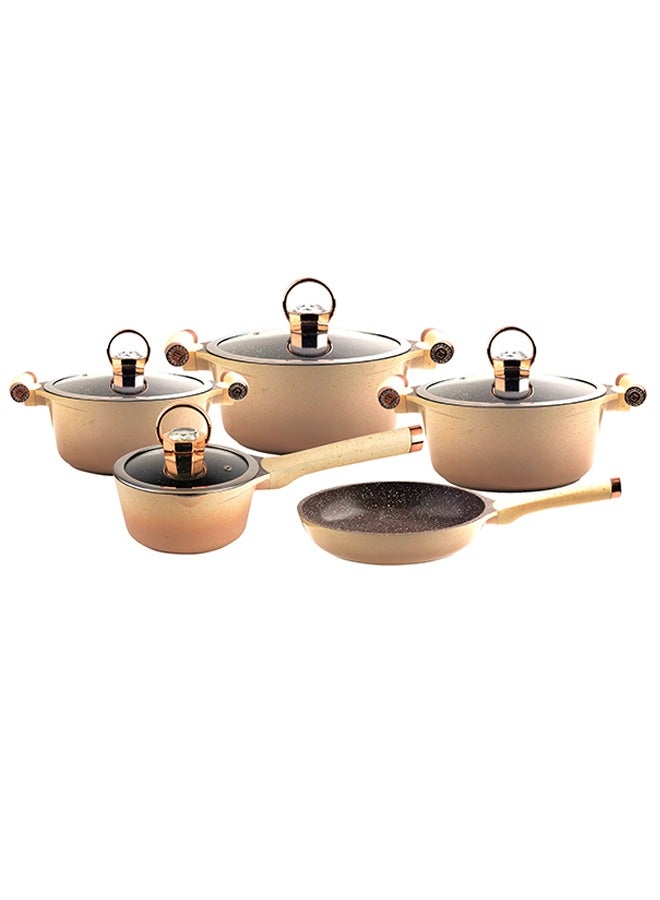 Luxurious Diamond Diecast 9-Piece Cookware Set, Cream - Nano Diamond Reinforced Non-Stick Surface, Oil-Free Cooking, Superior Heat Distribution, Dishwasher Safe, Organic Design in Elegant Cream Finish