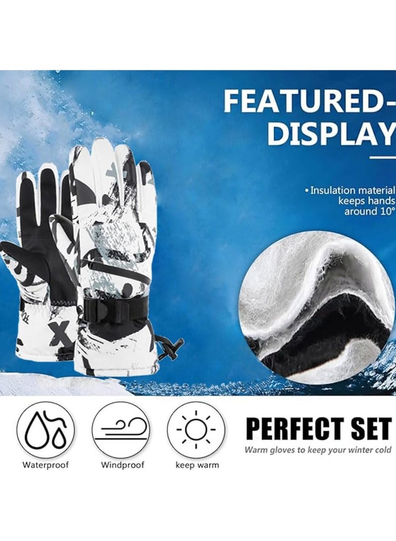 Ski Gloves for Men and Women, Waterproof, Touchscreen, Snowboard Gloves for Cold Weather, Size XL, Black and White Pattern, 32.5x23-25.5cm