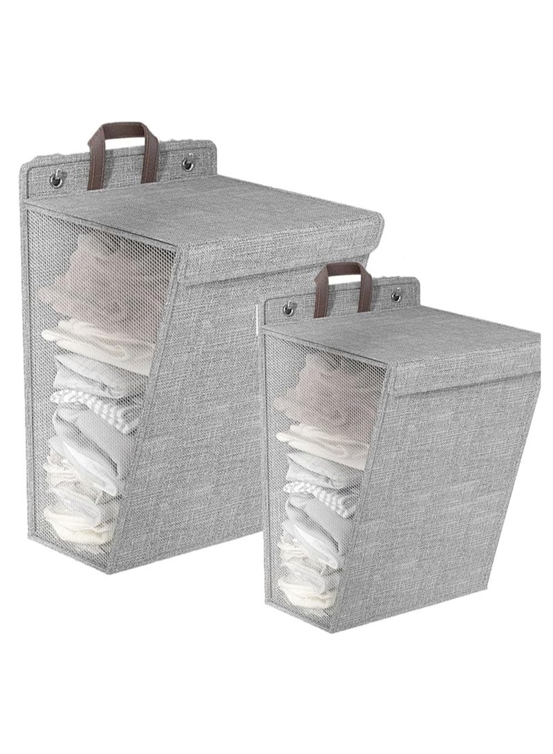 Wall Hanging Storage Bag with lid Wall Linen Organizer Wall Basket Wall Foldable Hanging Bag Hanging Closet Organizer 2pcs (Grey 2 Pack)