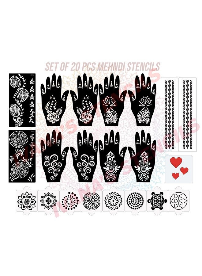 Set Of 20 Pcs Combo Pack, Reusable Mehandi Design Sticker Stencils For Both Hand | Mehandi Design | Quick And Easy To Use, For Girls, Women, Kids & Teen, D-2224