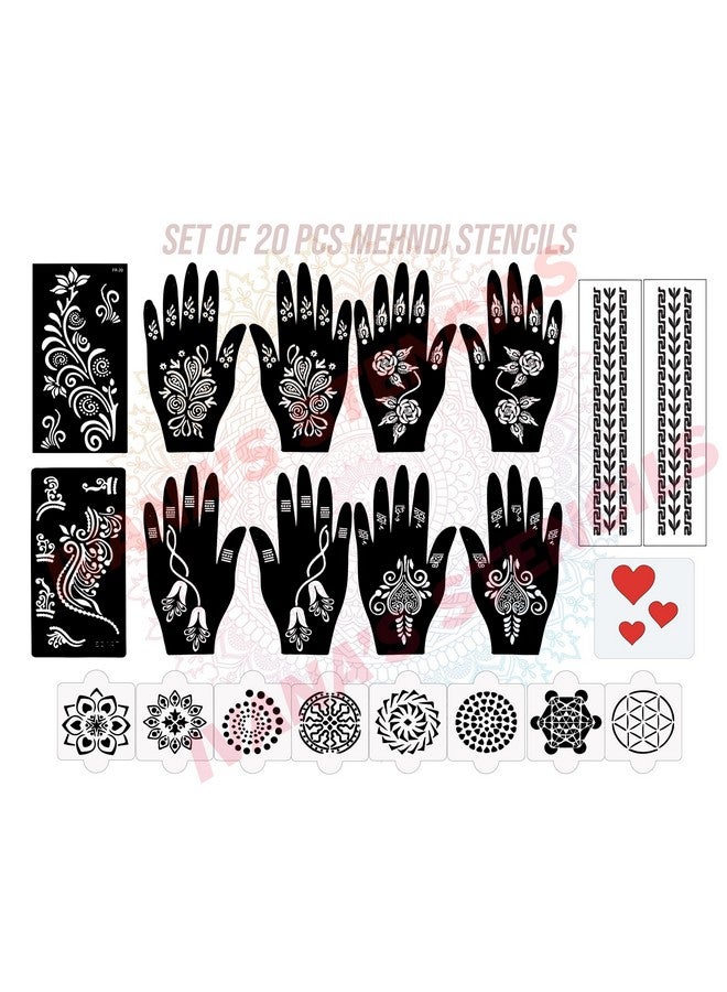 Set Of 20 Pcs Combo Pack, Reusable Mendhi Stencil Bridalfor Both Hands, Easy To Use, Best For Girls, Women, Kids & Teen| New Mehandi Stencils Design Stickers, D-2315