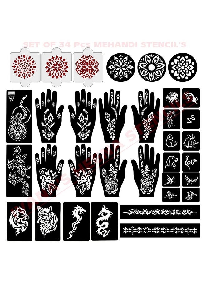 Set Of 34 Pcs Combo Pack, Reusable Mehandi For Hands Henna, Wrist, Body, Back, Neck, Face Combo Pack For Girls And Kids Easy To Use In Just 4 Steps Indian Design Collection, A-2009