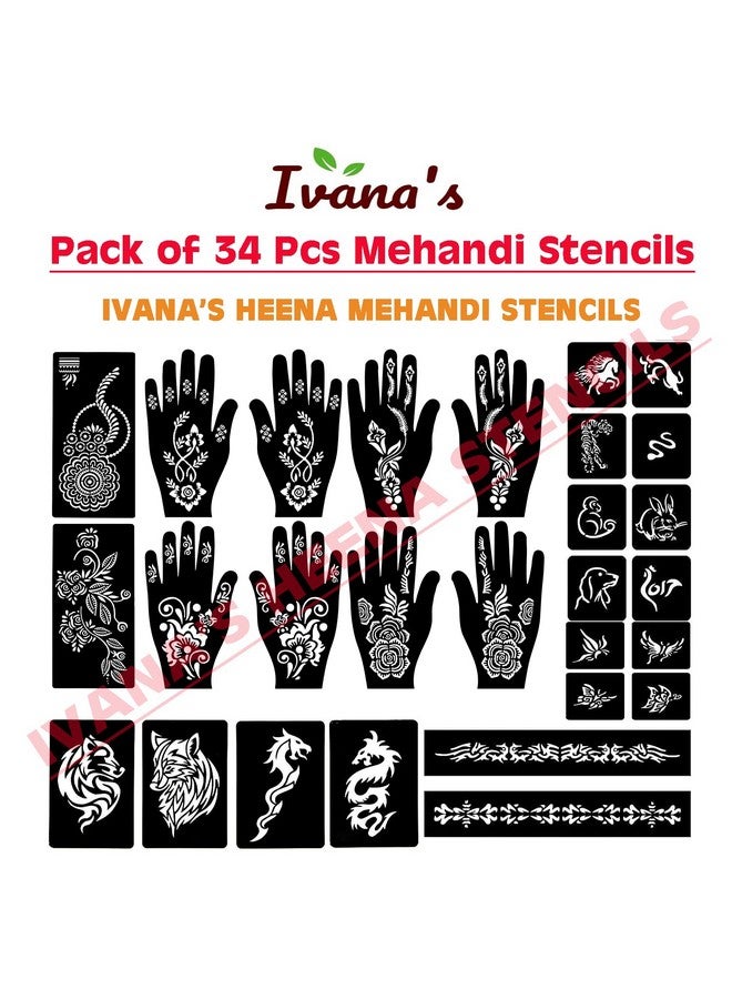 Set Of 34 Pcs Combo Pack, Reusable Mehandi For Hands Henna, Wrist, Body, Back, Neck, Face Combo Pack For Girls And Kids Easy To Use In Just 4 Steps Indian Design Collection, A-2009