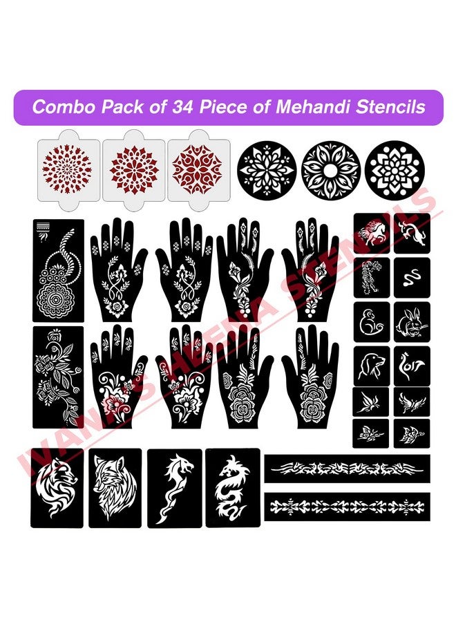 Set Of 34 Pcs Combo Pack, Reusable Mehandi For Hands Henna, Wrist, Body, Back, Neck, Face Combo Pack For Girls And Kids Easy To Use In Just 4 Steps Indian Design Collection, A-2009