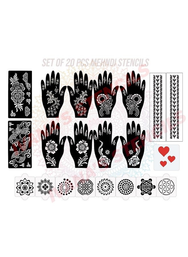 Set Of 20 Pcs Combo Pack, Reusable Mehandi Design Sticker Stencils For Both Hand | Mehandi Designs | Quick And Easy To Use, For Girls, Women, Kids & Teen, D-2100