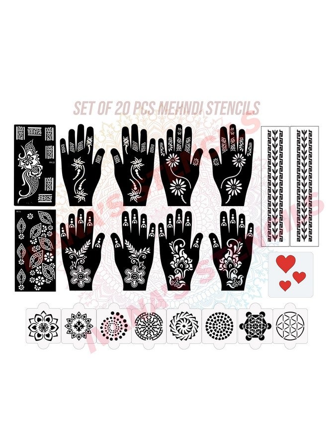 Set Of 20 Pcs Combo Pack, Reusable Mahandi Applicator Tool For Hand Latest Mehandi Design Stencils For Girls, Women, Kids & Teen, D-2362