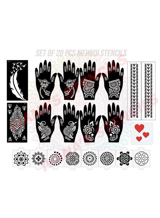 Set Of 20 Pcs Combo Pack, Reusable Mehandi Design Sticker Stencils For Both Hand | Mehandi For Hands | Quick And Easy To Use, For Girls, Women, Kids & Teen, D-2120