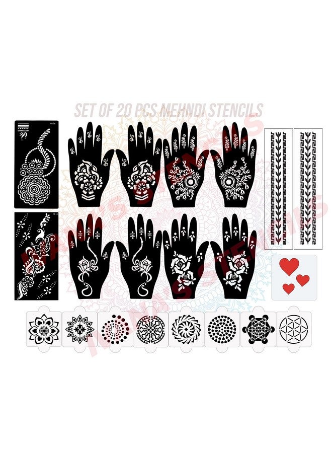 Set Of 20 Pcs Combo Pack, Reusable Mehandi Design Sticker Stencils For Both Hand | Henna Stencil Durable | Quick And Easy To Use, For Girls, Women, Kids & Teen, D-2136