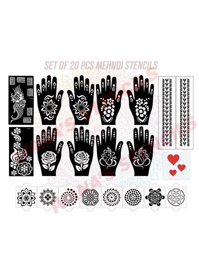 Set Of 20 Pcs Combo Pack, Reusable Mahandi Art Passion Tools Bridal Latest Mehandi Design Stencils For Girls, Women, Kids & Teen, D-2349