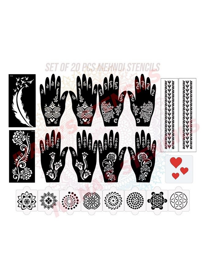 Set Of 20 Pcs Combo Pack, Reusable Mehandi Design Sticker Stencils For Both Hand | Mehandi Stickers Design For Hands | Quick And Easy To Use, For Girls, Women, Kids & Teen, D-2126