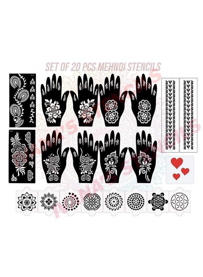 Set Of 20 Pcs Combo Pack, Reusable Mehandi Design Sticker Stencils For Both Hand | Mehandi Stickers Design For Hands | Quick And Easy To Use, For Girls, Women, Kids & Teen, D-2218