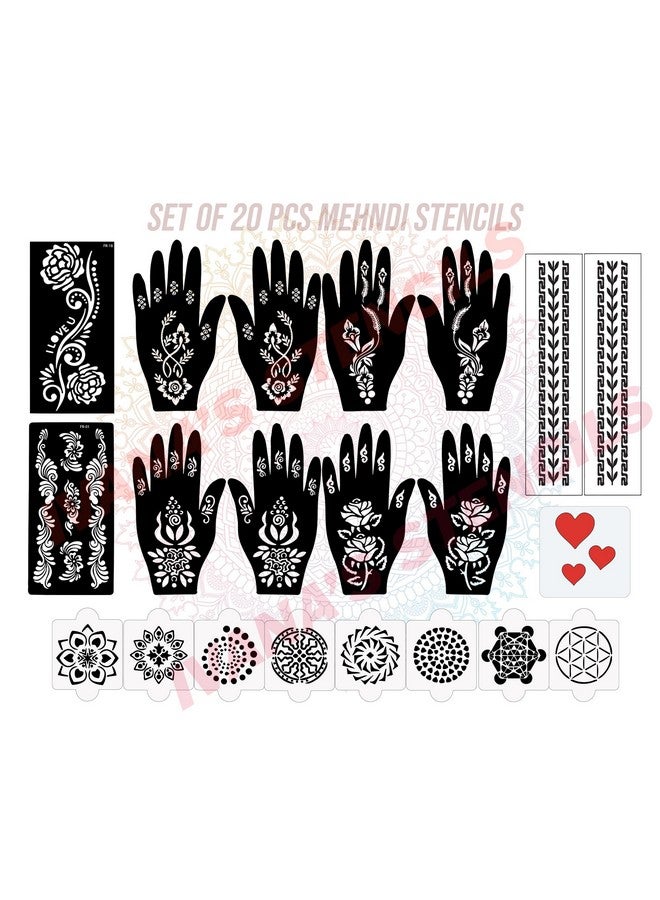 Set Of 20 Pcs Combo Pack, Reusable Mehandi Design Sticker Stencils For Both Hand | Henna Stickers For Hands | Quick And Easy To Use, For Girls, Women, Kids & Teen, D-2252