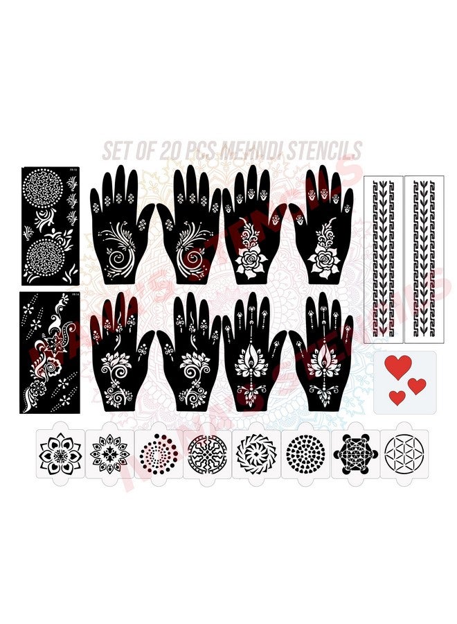 Set Of 20 Pcs Combo Pack, Reusable Mehandi Design Sticker Stencils For Both Hand | Stencil For Mehandi Design | Quick And Easy To Use, For Girls, Women, Kids & Teen, D-2172