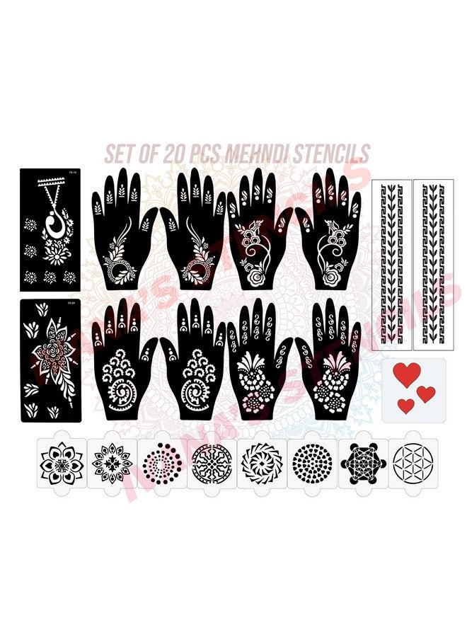 Set Of 20 Pcs Combo Pack, Reusable Mehandi Design Sticker Stencils For Both Hand | Mehendi Stencil | Quick And Easy To Use, For Girls, Women, Kids & Teen, D-2280