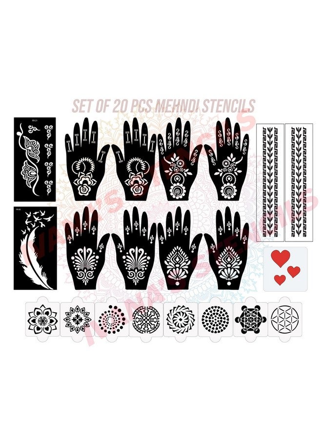 Set Of 20 Pcs Combo Pack, Reusable Stencil Mehandifor Both Hands, Easy To Use, Best For Girls, Women, Kids & Teen| New Mehandi Stencils Design Stickers, D-2321