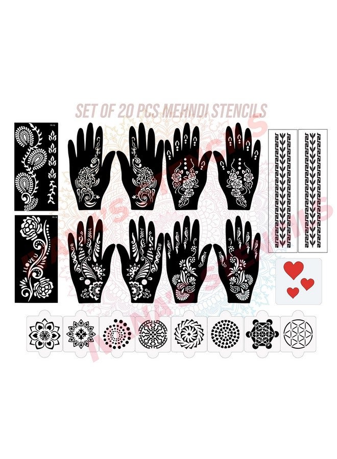 Set Of 20 Pcs Combo Pack, Reusable Mehandi Design Sticker Stencils For Both Hand | Mehandi Design Stencil | Quick And Easy To Use, For Girls, Women, Kids & Teen, D-2231