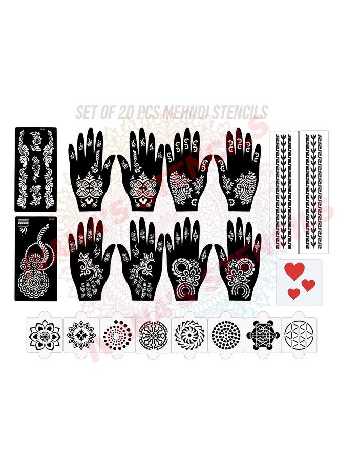 Set Of 20 Pcs Combo Pack, Reusable Mehndi Stencil Stickerfor Both Hands, Easy To Use, Best For Girls, Women, Kids & Teen| New Mehandi Stencils Design Stickers, D-2048