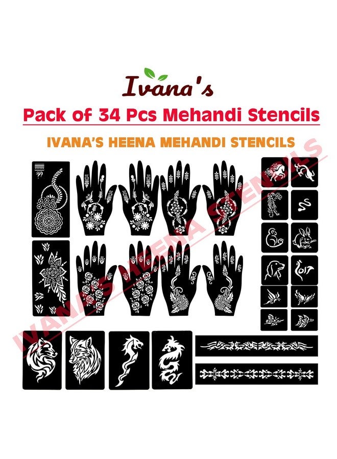 Set Of 34 Pcs Combo Pack, Reusable Mehandi For Hands Henna, Wrist, Body, Back, Neck, Face Combo Pack For Girls And Kids Easy To Use In Just 4 Steps Indian Design Collection, A-2018