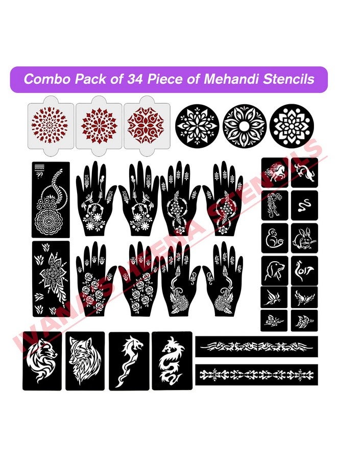 Set Of 34 Pcs Combo Pack, Reusable Mehandi For Hands Henna, Wrist, Body, Back, Neck, Face Combo Pack For Girls And Kids Easy To Use In Just 4 Steps Indian Design Collection, A-2018