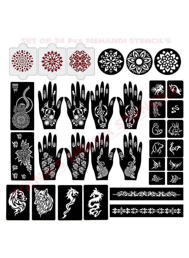 Set Of 34 Pcs Combo Pack, Reusable Mehandi For Hands Henna, Wrist, Body, Back, Neck, Face Combo Pack For Girls And Kids Easy To Use In Just 4 Steps Indian Design Collection, A-2018