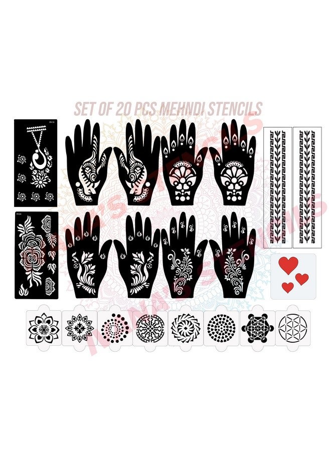 Set Of 20 Pcs Combo Pack, Reusable Mehandi Design Sticker Stencils For Both Hand | Mehendi Design Stencils | Quick And Easy To Use, For Girls, Women, Kids & Teen, D-2274