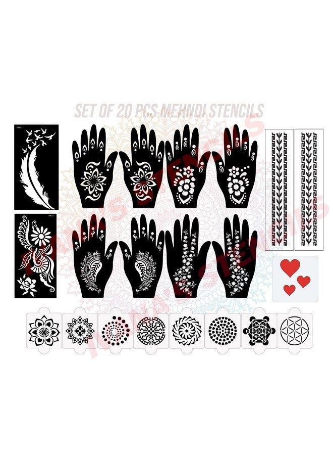 Set Of 20 Pcs Combo Pack, Reusable Mehandi Design Sticker Stencils For Both Hand | Mehandi Stickers Design For Hands | Quick And Easy To Use, For Girls, Women, Kids & Teen, D-2121