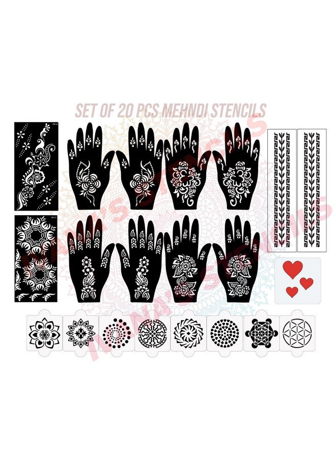 Set Of 20 Pcs Combo Pack, Reusable Mehandi Design Sticker Stencils For Both Hand | Mehandi Design Stencil Durable | Quick And Easy To Use, For Girls, Women, Kids & Teen, D-2204