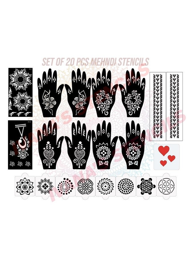 Set Of 20 Pcs Combo Pack, Reusable Mehandi Design Sticker Stencils For Both Hand | Mehandi Design Tatoo | Quick And Easy To Use, For Girls, Women, Kids & Teen, D-2255