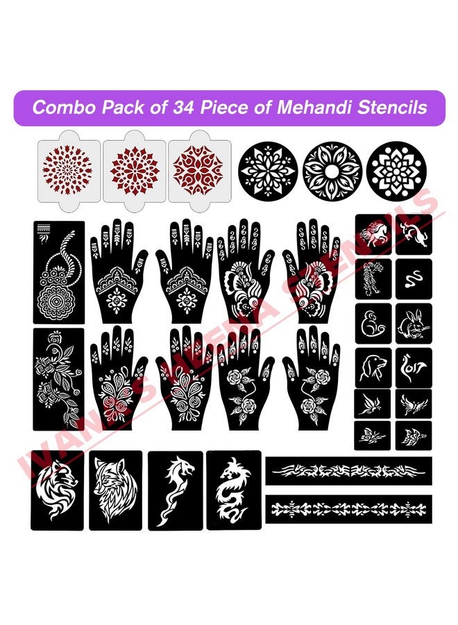 Set Of 34 Pcs Combo Pack, Reusable Mehandi For Hands Henna, Wrist, Body, Back, Neck, Face Combo Pack For Girls And Kids Easy To Use In Just 4 Steps Indian Design Collection, A-2013