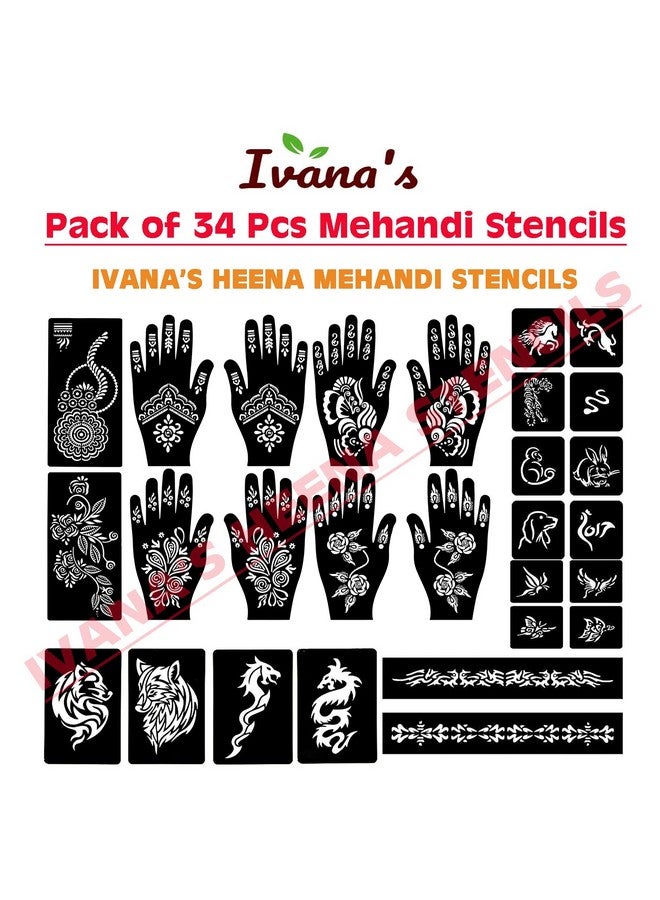 Set Of 34 Pcs Combo Pack, Reusable Mehandi For Hands Henna, Wrist, Body, Back, Neck, Face Combo Pack For Girls And Kids Easy To Use In Just 4 Steps Indian Design Collection, A-2013