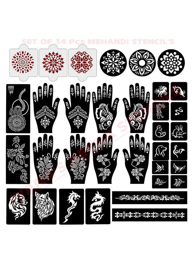 Set Of 34 Pcs Combo Pack, Reusable Mehandi For Hands Henna, Wrist, Body, Back, Neck, Face Combo Pack For Girls And Kids Easy To Use In Just 4 Steps Indian Design Collection, A-2013