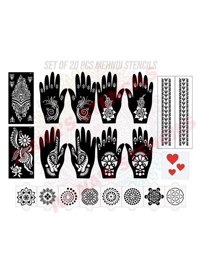 Set Of 20 Pcs Combo Pack, Reusable Mehandi Design Sticker Stencils For Both Hand | Stencil Henna Design | Quick And Easy To Use, For Girls, Women, Kids & Teen, D-2187