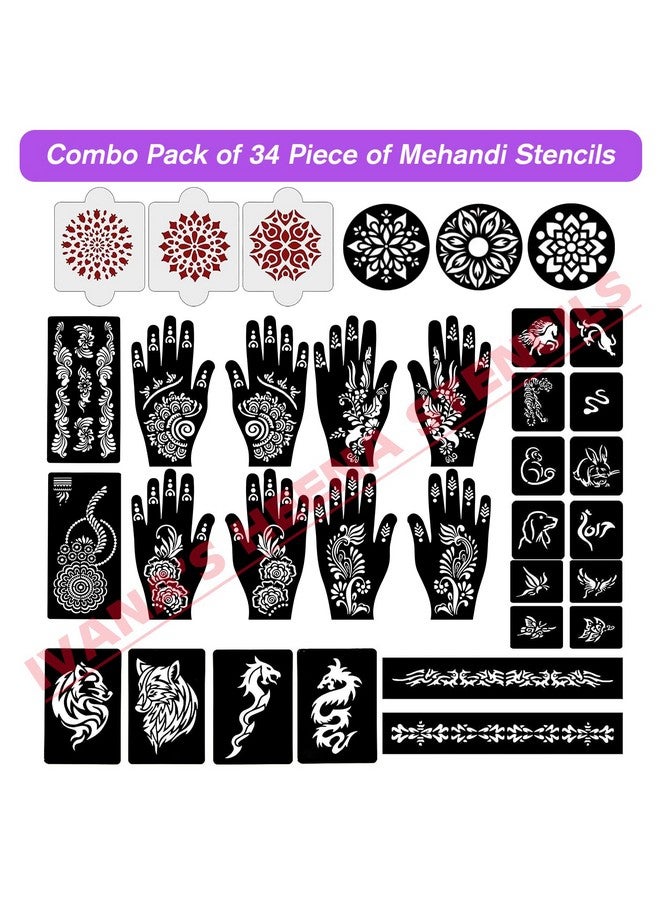 Set Of 34 Pcs Combo Pack, Reusable Mehandi For Hands Henna, Wrist, Body, Back, Neck, Face Combo Pack For Girls And Kids Easy To Use In Just 4 Steps Indian Design Collection, A-2003