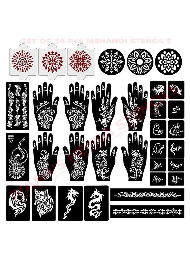 Set Of 34 Pcs Combo Pack, Reusable Mehandi For Hands Henna, Wrist, Body, Back, Neck, Face Combo Pack For Girls And Kids Easy To Use In Just 4 Steps Indian Design Collection, A-2003