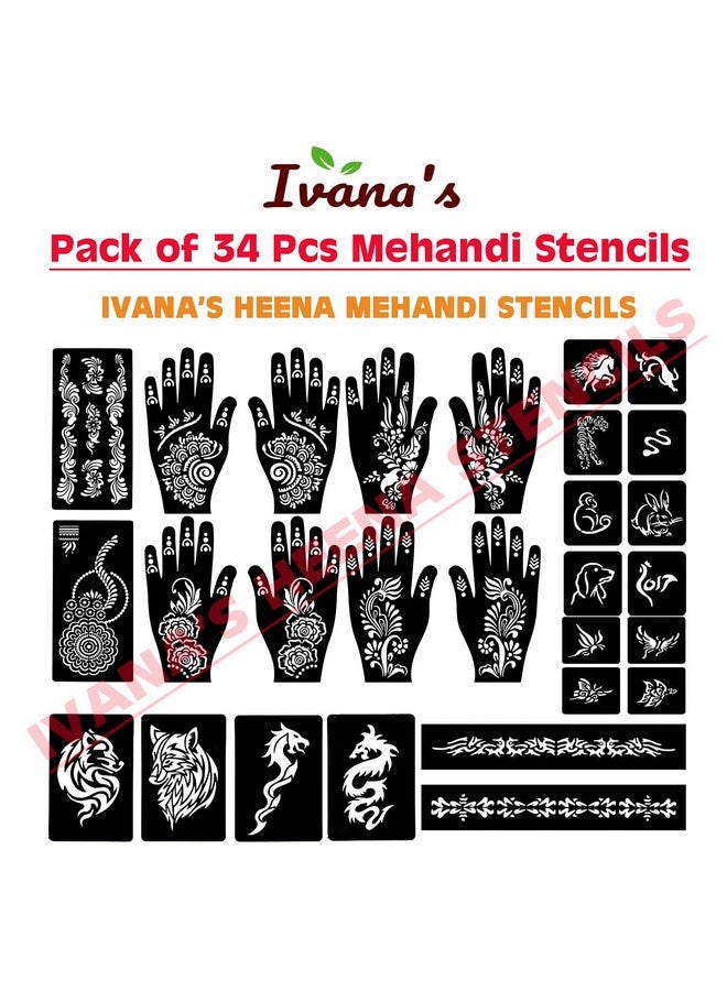 Set Of 34 Pcs Combo Pack, Reusable Mehandi For Hands Henna, Wrist, Body, Back, Neck, Face Combo Pack For Girls And Kids Easy To Use In Just 4 Steps Indian Design Collection, A-2003