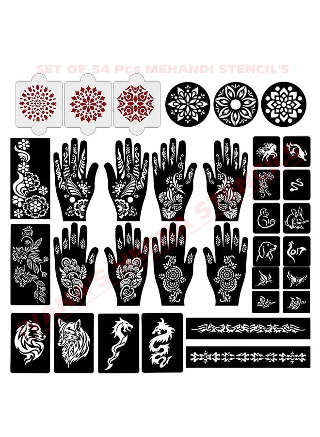 Set Of 34 Pcs Combo Pack, Reusable Mehandi For Hands Henna, Wrist, Body, Back, Neck, Face Combo Pack For Girls And Kids Easy To Use In Just 4 Steps Indian Design Collection, A-2005