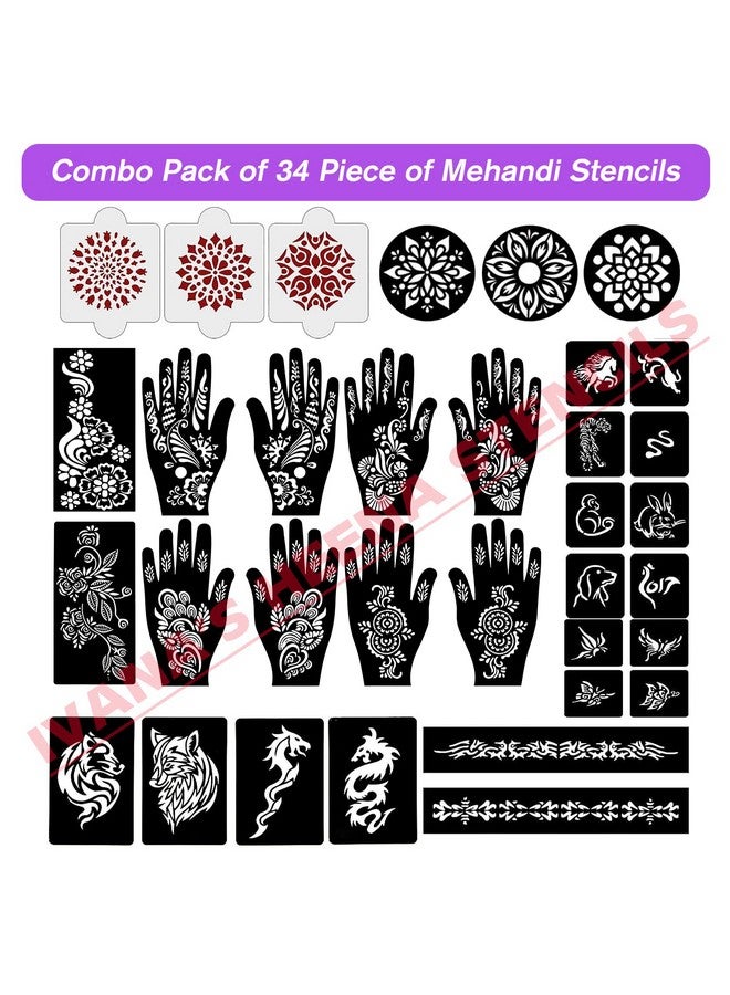 Set Of 34 Pcs Combo Pack, Reusable Mehandi For Hands Henna, Wrist, Body, Back, Neck, Face Combo Pack For Girls And Kids Easy To Use In Just 4 Steps Indian Design Collection, A-2005