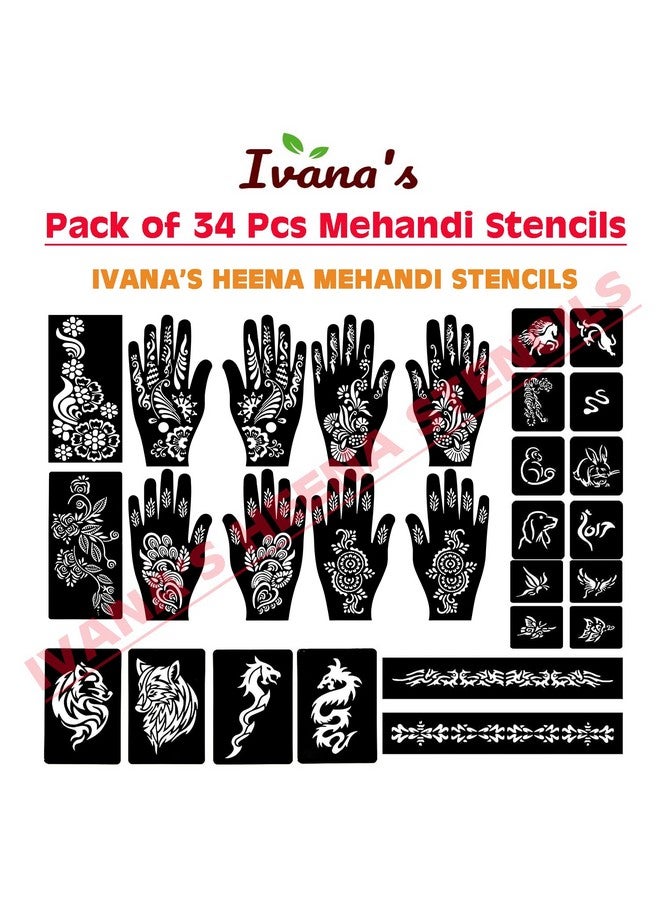 Set Of 34 Pcs Combo Pack, Reusable Mehandi For Hands Henna, Wrist, Body, Back, Neck, Face Combo Pack For Girls And Kids Easy To Use In Just 4 Steps Indian Design Collection, A-2005