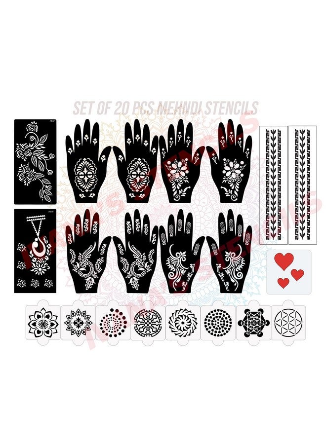 Set Of 20 Pcs Combo Pack, Reusable Mehandi Design Sticker Stencils For Both Hand | Mehendi Stencils For Hands | Quick And Easy To Use, For Girls, Women, Kids & Teen, D-2154