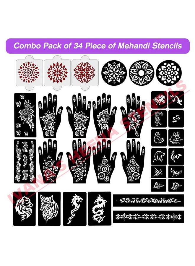 Set Of 34 Pcs Combo Pack, Reusable Mehandi For Hands Henna, Wrist, Body, Back, Neck, Face Combo Pack For Girls And Kids Easy To Use In Just 4 Steps Indian Design Collection, A-2020