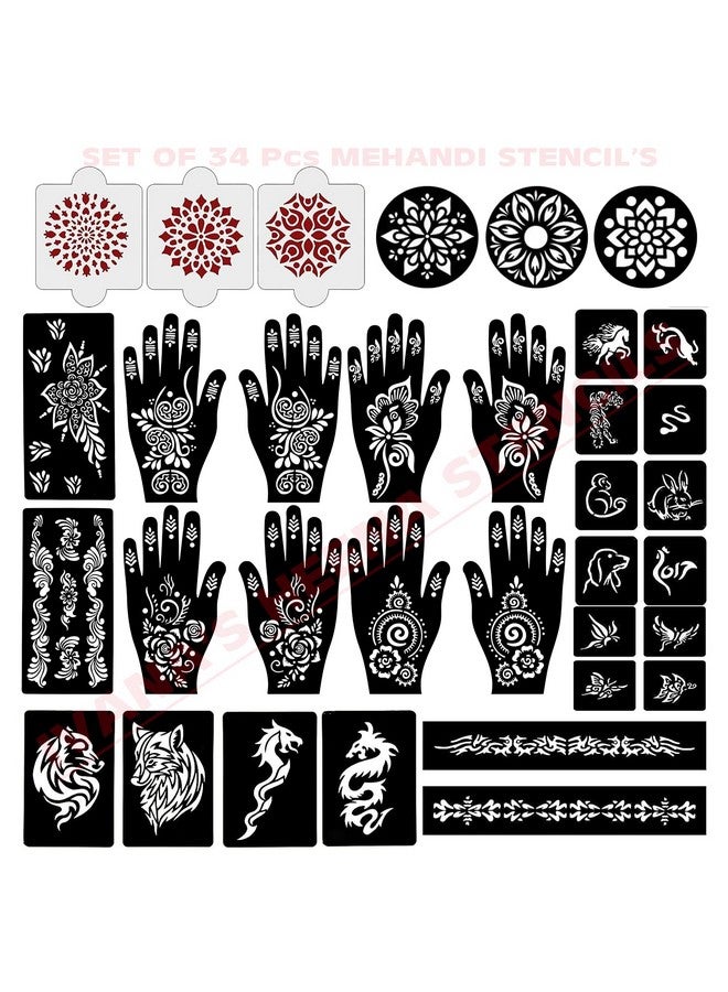 Set Of 34 Pcs Combo Pack, Reusable Mehandi For Hands Henna, Wrist, Body, Back, Neck, Face Combo Pack For Girls And Kids Easy To Use In Just 4 Steps Indian Design Collection, A-2020