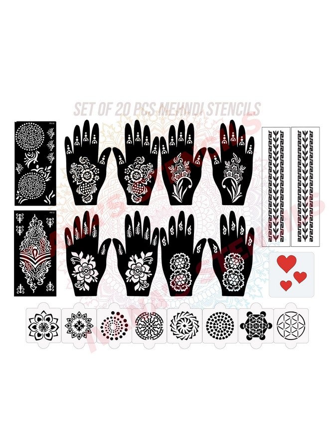 Set Of 20 Pcs Combo Pack, Reusable Mehandi Design Sticker Stencils For Both Hand | Mehandi Stickers Set | Quick And Easy To Use, For Girls, Women, Kids & Teen, D-2170