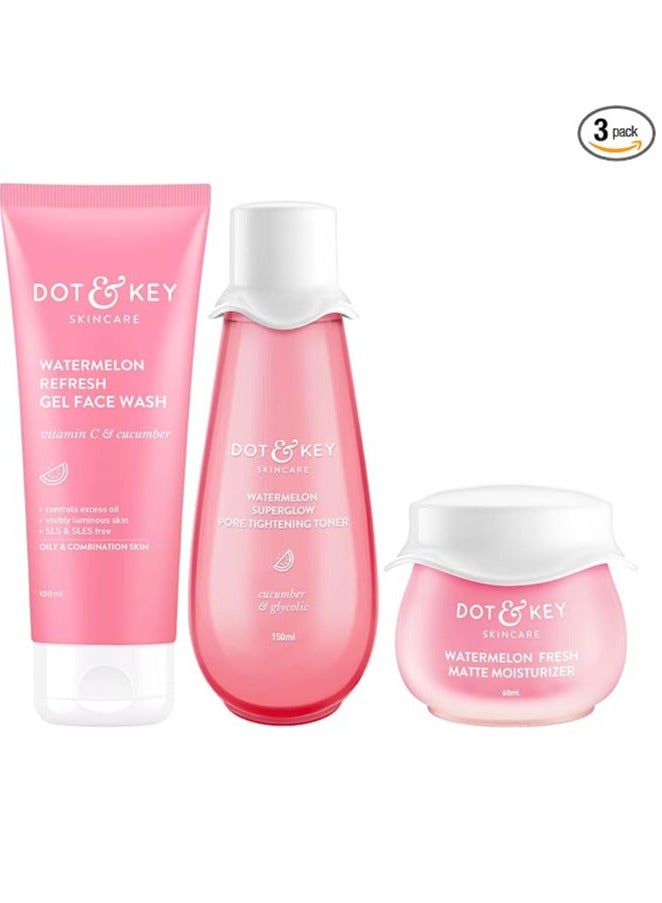 Dot & Key Watermelon Kit | Cleanser 100ml, Toner 150ml, Moisturizer 60ml | For Normal, Combination & Oily Skin | For Oil Free Glowing Skin Care | For Women & Men